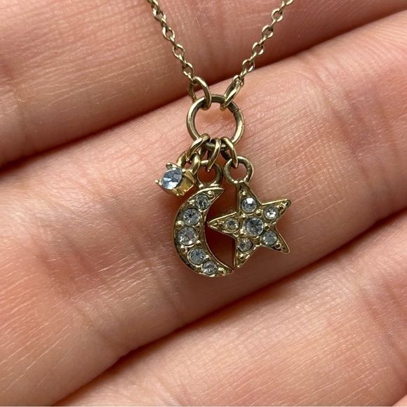 Vintage Monet Gold Tone Chain Pendant Necklace Crescent Moon & Star Rhinestones - Picture 6 of 8